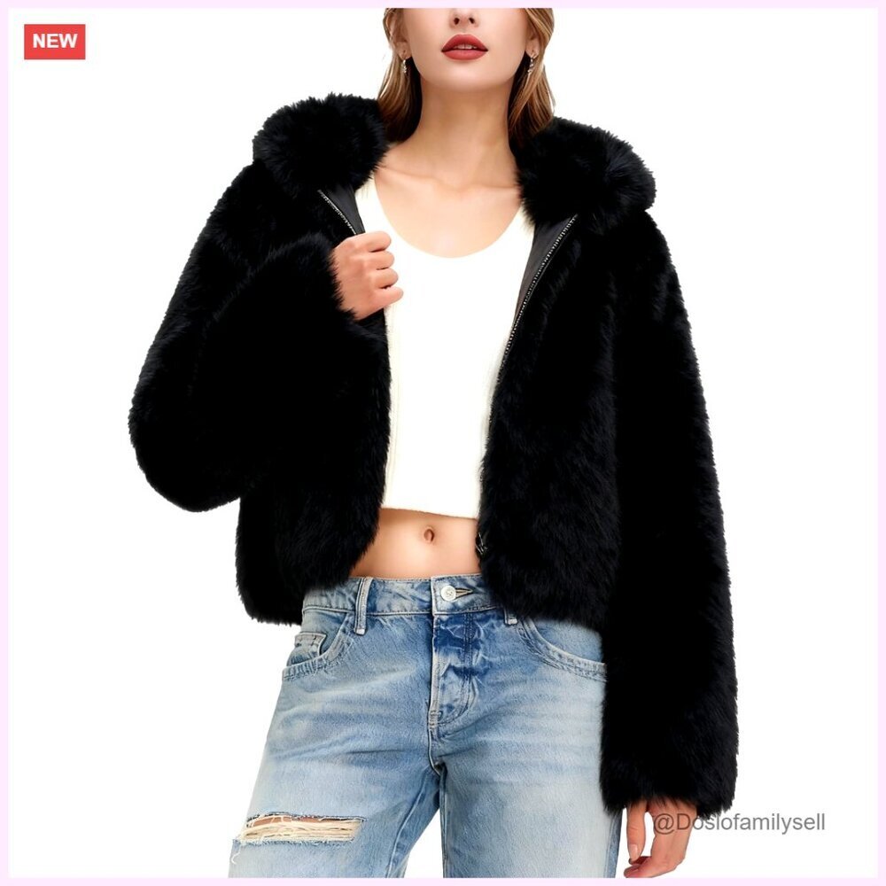 Cropped Faux Fur Coat Hooded Zip Up Winter Jacket with Pockets